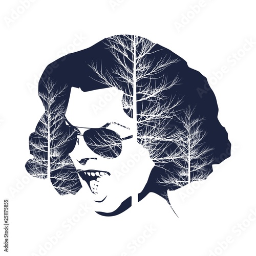 Portrait of surprised woman with open mouth in black sunglasses. Double exposure