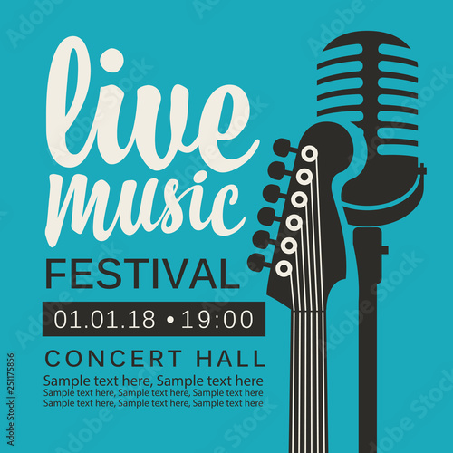 Vector poster for live music festival or concert with neck of acoustic guitar, microphone and place for text in retro style on the blue background