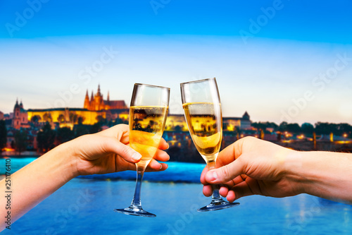 Prague downtown with glasses of champagne, mixed media