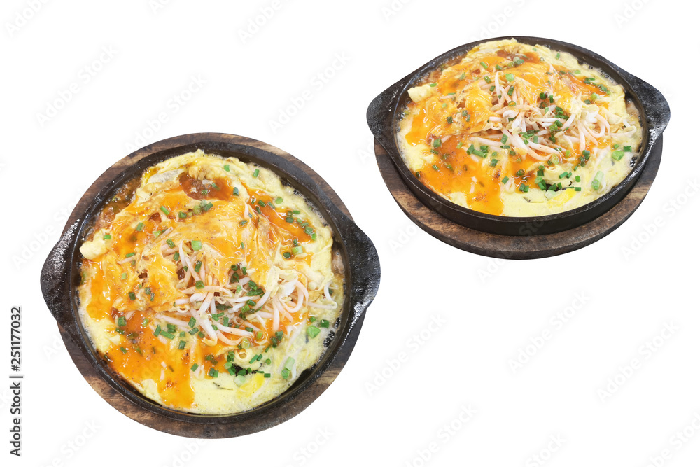 Mussel hot pan isolated on white background with clipping path.The main components are Seafood, bean sprouts, rice flour and eggs. Speaking Thailand Mussel hot pan isolated on white background with clipping path.The main components are Seafood, bean sprouts, rice flour and eggs. Speaking Thailand