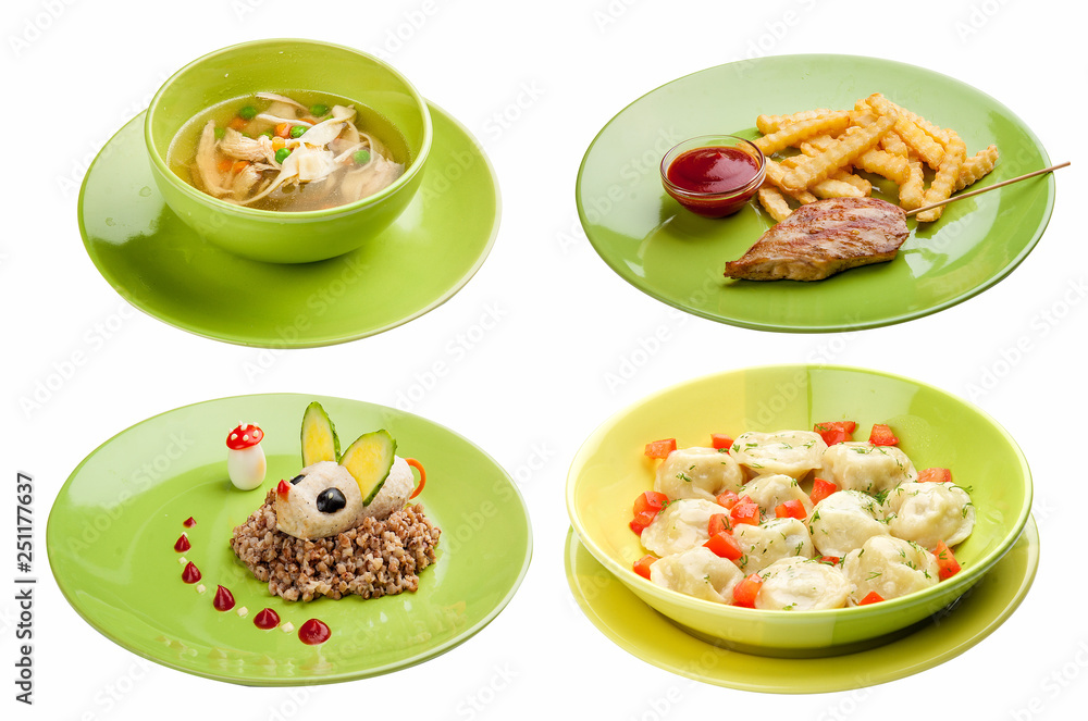 Set of different dishes of children's menu. On white background. Meals for children. Set of different dishes of children's menu. On white background. Meals for children.