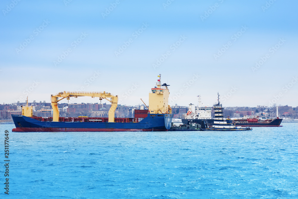 Cargo ships anchored at terminal of maritime port
