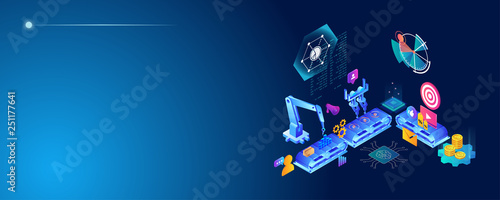 Automated marketing and SEO content isometric concept, vector illustration
