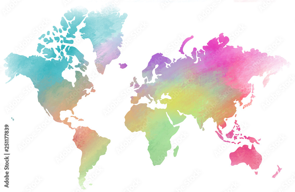 Obraz premium Colorful water color world map on canvas background. Digital painting.