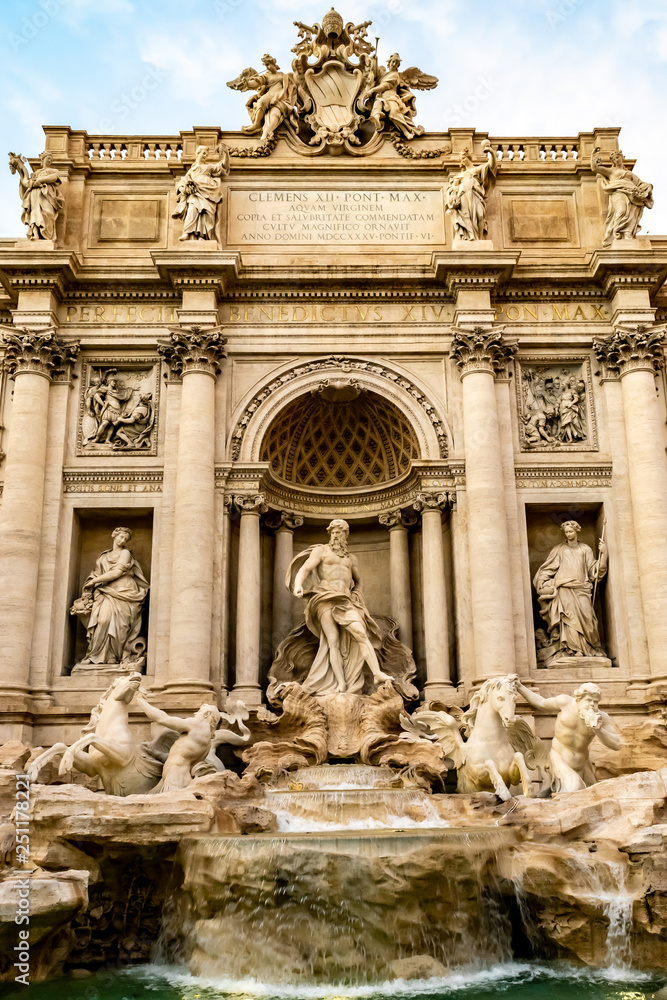 The famous Trevi Fountain, the largest Baroque Fountain in Rome, located in the Trevi district, designed by Italian architect Nicola Salvi and completed by Guiseppe Pannini and several others.