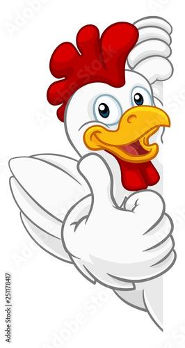 A chicken rooster cockerel bird cartoon character peeking around a sign and giving a thumbs up