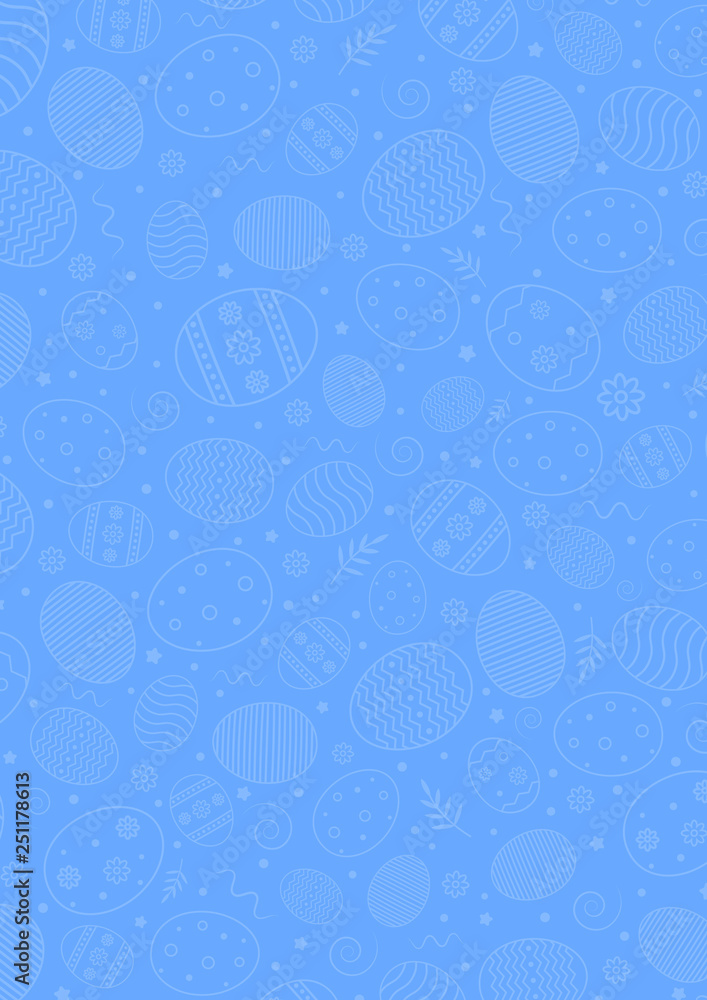 Easter pattern with ornamental eggs and decorative elements. Easter blue background. Vector illustration