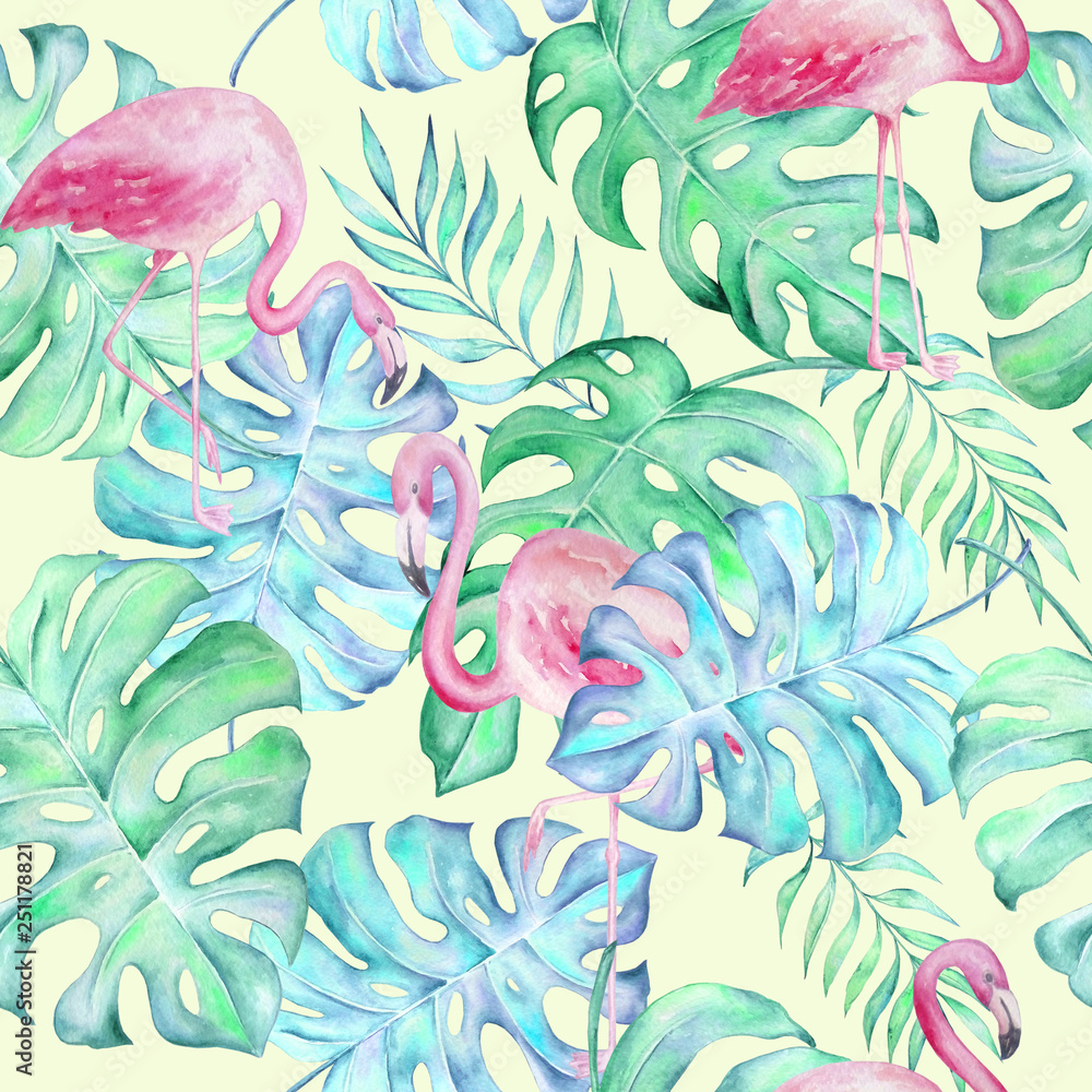 Watercolor Flamingo and Tropical Leaves