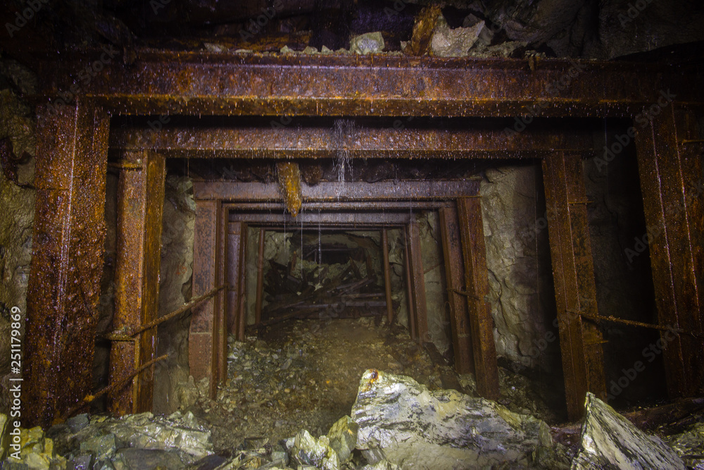 Underground abandoned iron ore mine shaft tunnel gallery passage with timbering Underground abandoned iron ore mine shaft tunnel gallery passage with timbering