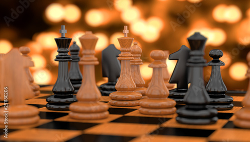 chess pieces standing on a chessboard against the background of a beautiful bokeh  3d illustration