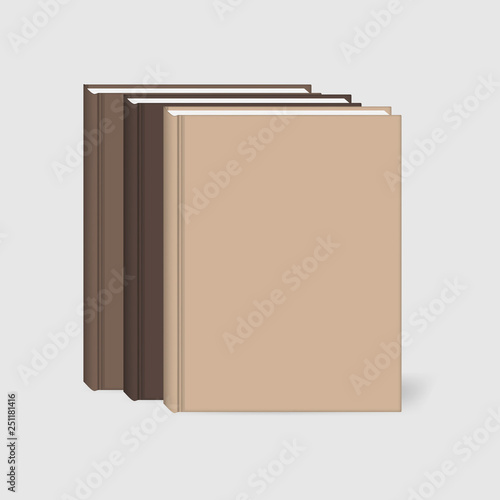 Closed hardcover books standing on the table, realistic vector mock-up. Blank brown notebook set, template