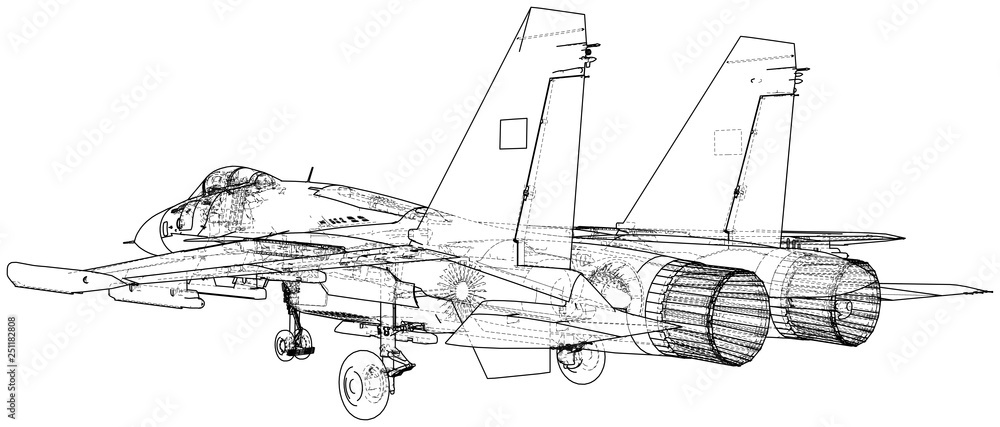 Russian jet fighter aircraft. Vector wire-frame concept. Created illustration of 3d.