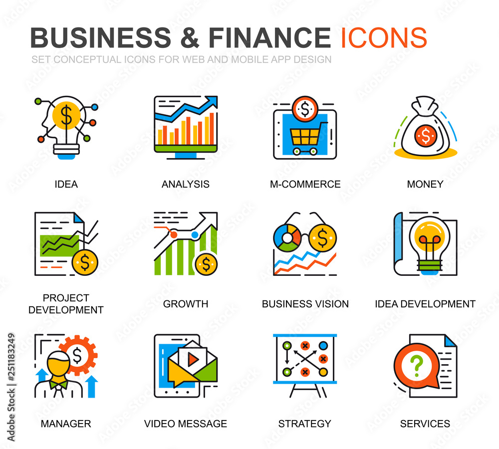 Simple Set Business and Finance Line Icons for Website and Mobile Apps. Contains such Icons as Analysis, Money, Accounting, Strategy, Bank. Conceptual color line icon. Vector pictogram pack.