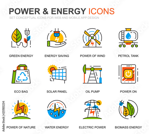 Simple Set Power Industry and Energy Line Icons for Website and Mobile Apps. Contains such Icons as Solar Panel, Eco Energy, Power Plant. Conceptual color line icon. Vector pictogram pack.