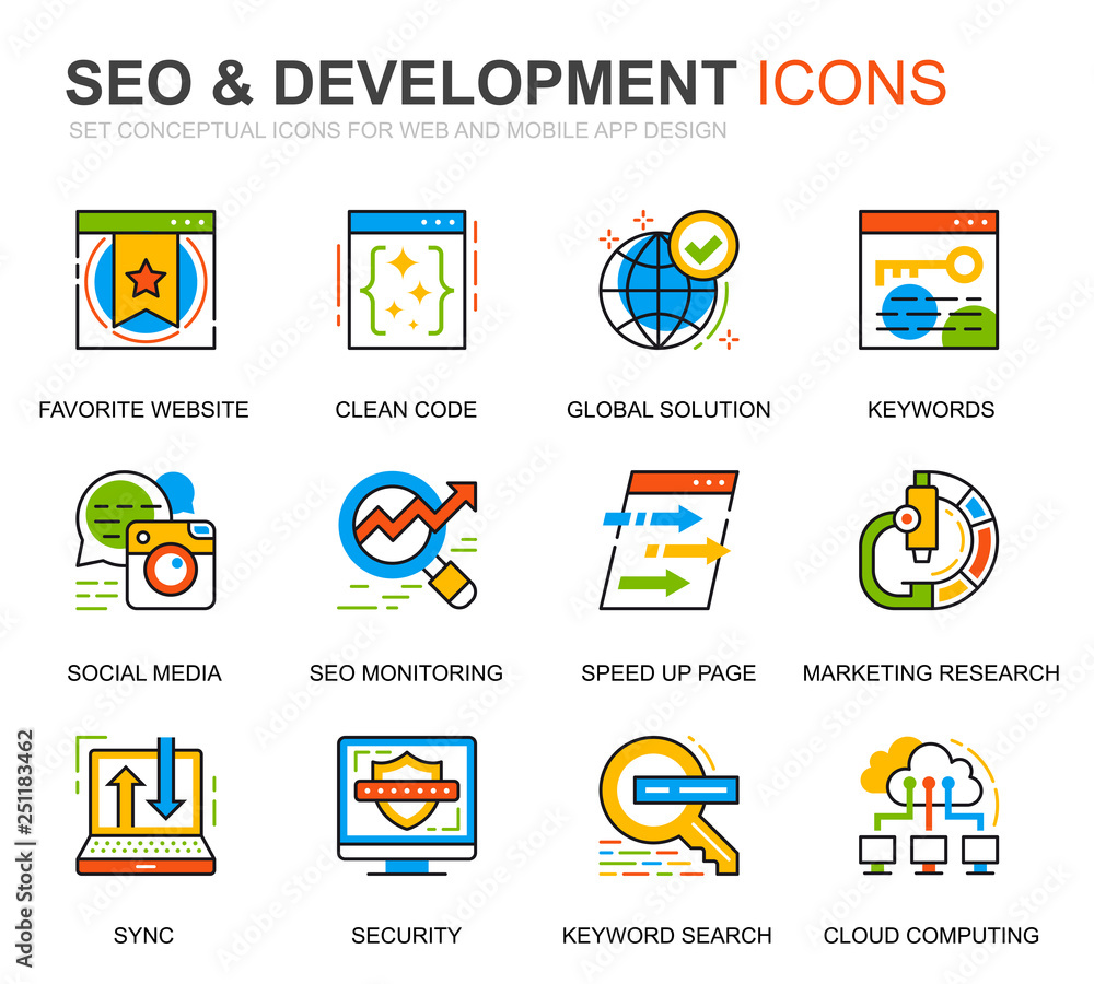 Simple Set Seo and Development Line Icons for Website and Mobile Apps. Contains such Icons as Clean Code, Data Protection, Monitoring. Conceptual color line icon. Vector pictogram pack. Simple Set Seo and Development Line Icons for Website and Mobile Apps. Contains such Icons as Clean Code, Data Protection, Monitoring. Conceptual color line icon. Vector pictogram pack.