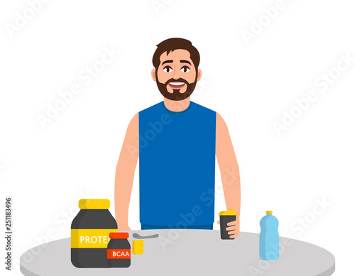 Bearded male athlete drinks protein and BCAA, the guy is standing at the table holding a shaker. Character in cartoon style