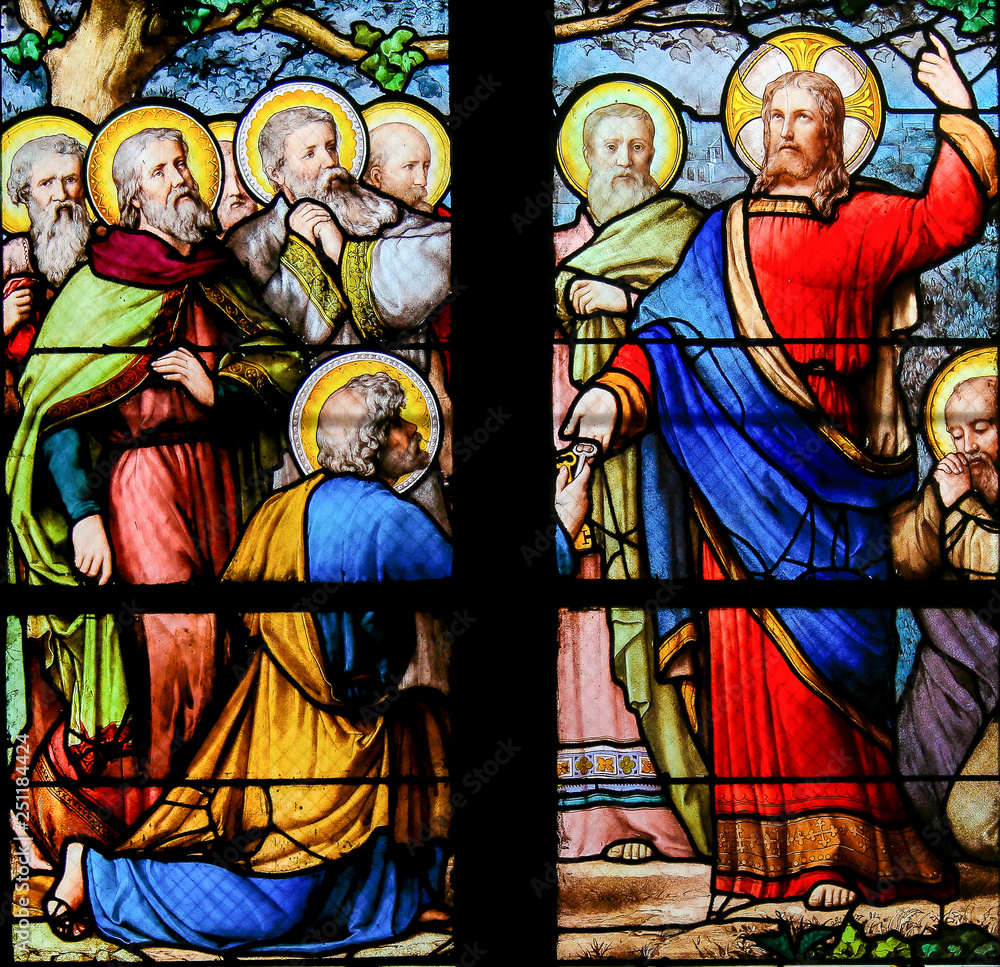 Fototapeta premium Jesus handing over the Keys to the Kingdom of Heaven to Saint Peter - Stained Glass