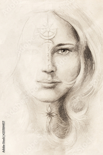 Fototapeta Naklejka Na Ścianę i Meble -  mystical woman portrait drawing with symbols, emerging from light.