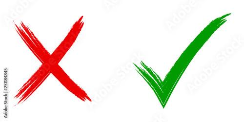 Tick and cross signs. Green checkmark OK and red X icons, Simple marks graphic design. Symbols YES and NO button for vote, Check box list icons. Check marks vector.