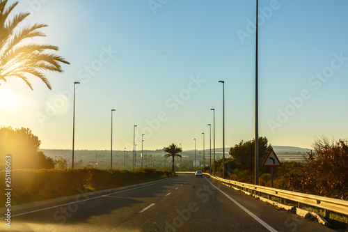 Highway with palm trees in Sunny weather