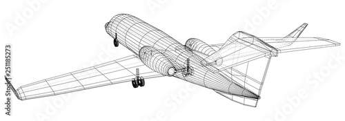 Passenger airplane. Vector wireframe concept. Blue purple. Created illustration of 3d.