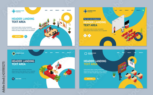 Office Interior Concept Landing Web Page Template Set 3d Isometric View. Vector