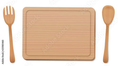 Wooden board with wooden fork and spoon. Rustic vintage kitchen utensils. Isolated vector illustration on white background.