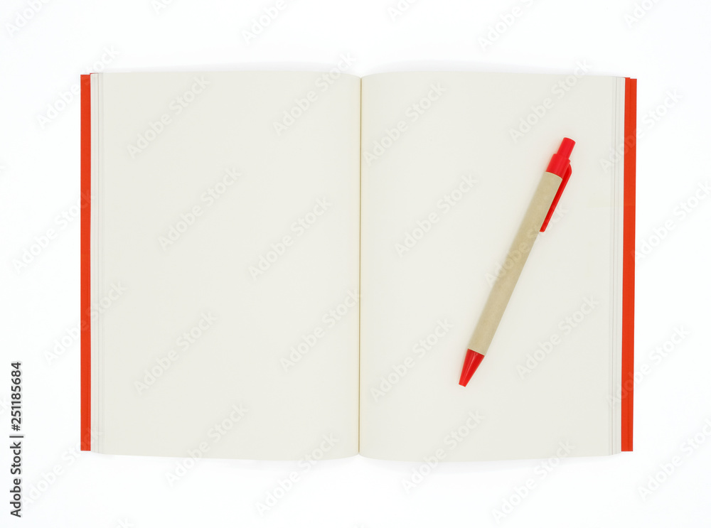 Openning notepad and pen isolated on white background with copy space, Top view photo. Openning notepad and pen isolated on white background with copy space, Top view photo.