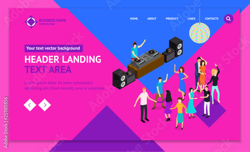 DJ Club Bar Concept Landing Web Page Template 3d Isometric View. Vector