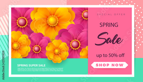 Spring sale banner template with paper spring flowers for online woman shopping, vector illustration. Spring sale. Place for your text. Vector