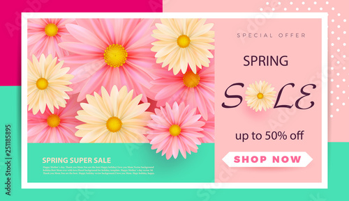 Spring sale banner template with paper spring flowers for online woman shopping, vector illustration. Spring sale. Place for your text. Vector