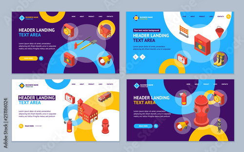 Firefighter Man and Equipment Landing Web Page Template Set Isometric View. Vector