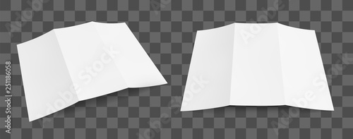Blank tri fold paper brochure mockup. Flyer design template on transparent background. Vector illustration set.