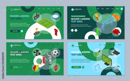 Football or Soccer Game Landing Web Page Template Set Isometric View. Vector