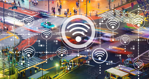 Photography Wifi concept with busy city traffic intersection