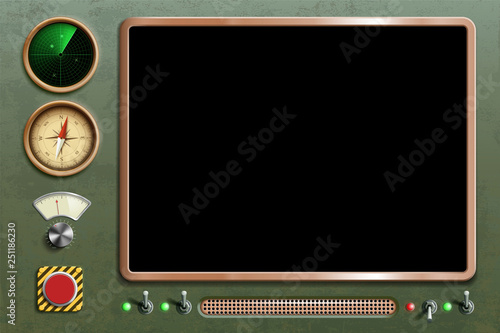 Device with dashboard and screen. Control panel with buttons