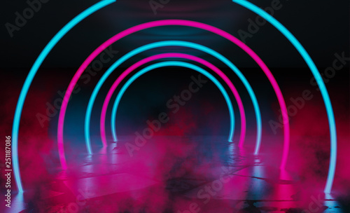 Background of an empty dark room with a concrete floor, multicolored neon circles in the center, neon light and multi-colored smoke