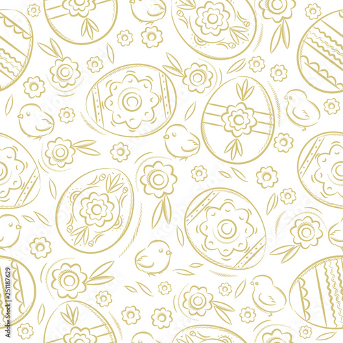 Seamless pattern with EASTER EGGS, flowers, leafs, chick. Hand-drawn decorative elements. Easter holiday design. Can be used for wallpaper, pattern fills, web page background, greeting card, vector