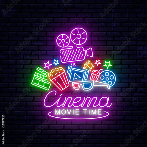 Bright neon sign for the cinema. Vector Illustration