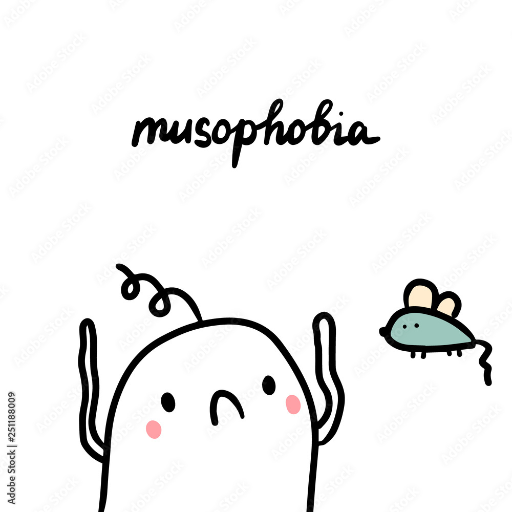 Musophobia hand drawn illustration with cute marshmallow and mouse Musophobia hand drawn illustration with cute marshmallow and mouse