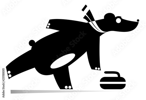 Cartoon bear plays curling black on white illustration. Bear plays curling original silhouette isolated