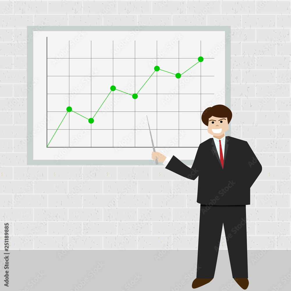 Happy business man point at red graph that heading up in white board on brick background - Vector Happy business man point at red graph that heading up in white board on brick background - Vector