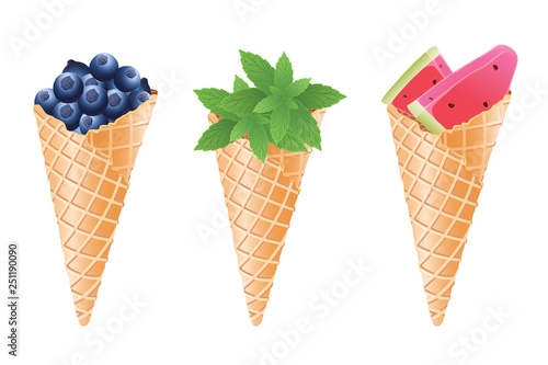 Three flavored ice cream cones isolated on white background. Vector