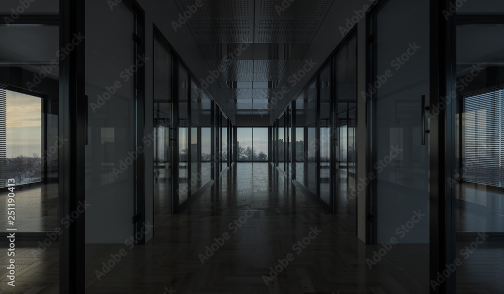 Offices with Glass Partitions in Dim Daylight 3D Rendering Offices with Glass Partitions in Dim Daylight 3D Rendering