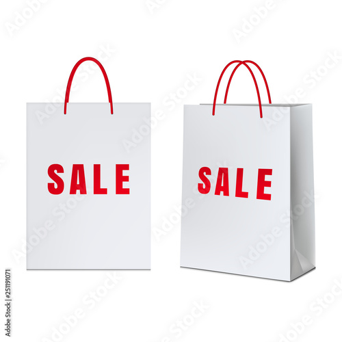 White paper bag, isolated on white background.