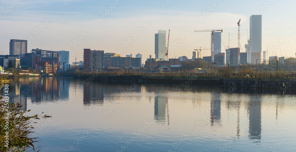 The Manchester skyline with the construction of new tall skyscraper apartments