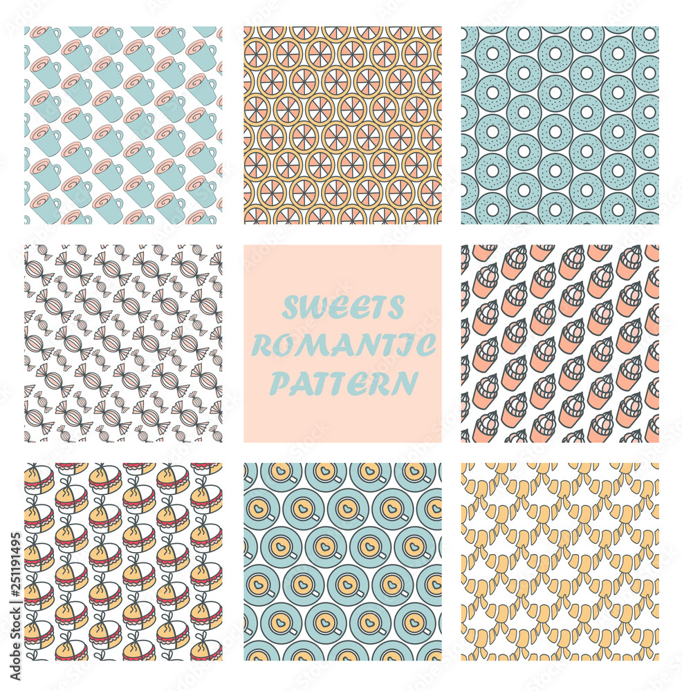 Vector set of eight sweets patterns.