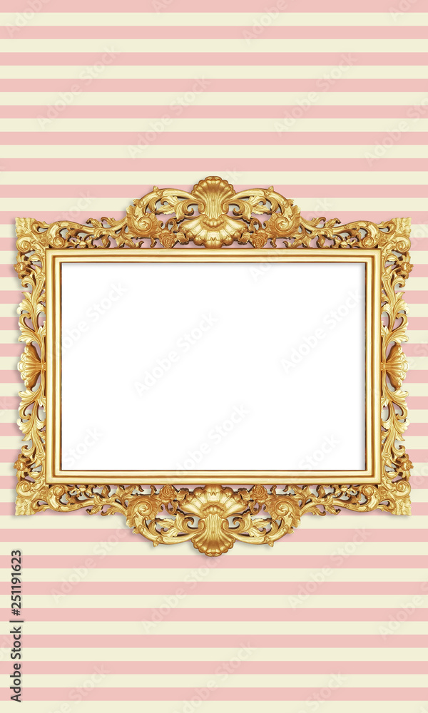 Gold Color Antique Vintage Classic Baroque Stylish Empty Photo Painting Frame in Grunge and Retro Background for Home Interior and Garden Furniture made from Wood and Metal