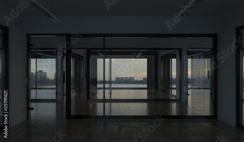 Empty Glass Walled Offices Slightly Illuminated 3D Rendering