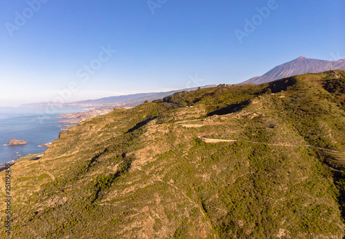 North of Tenerife a road in the mountains, el Teide, Garachico Rock and the atlantic ocean by drone